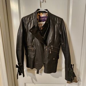 Hwasook Lee black moto leather jacket medium with sleeves and back ties